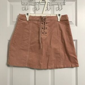 FOREVER 21 Cotton Corduroy Mini Skirt L Pink Front Lace Tie Up